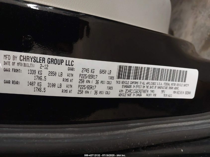 2012 Chrysler Town & Country Touring-L VIN: 2C4RC1CG6CR270874 Lot: 42712132