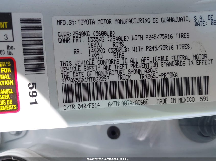 2021 TOYOTA TACOMA(VIN: 3TYAX5GN1MT032297