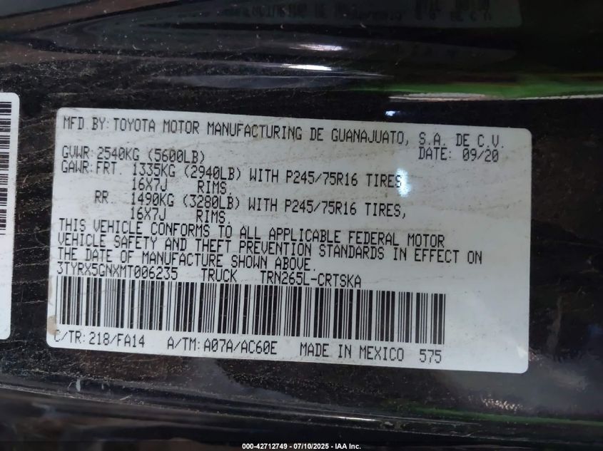 2021 Toyota Tacoma Sr VIN: 3TYRX5GNXMT006235 Lot: 42712749