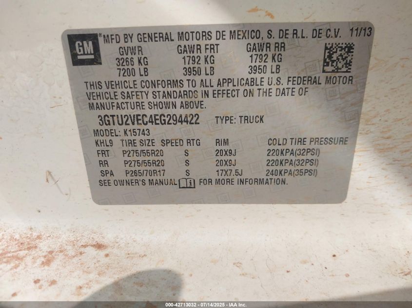 2014 GMC Sierra Slt VIN: 3GTU2VEC4EG29442 Lot: 42713032