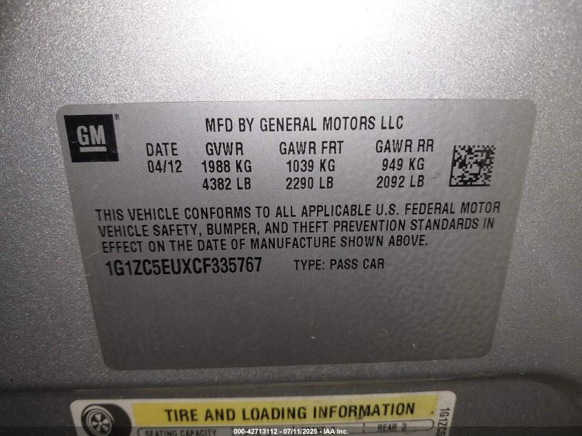 2012 Chevrolet Malibu 1Lt VIN: 1G1ZC5EUXCF335767 Lot: 42713112