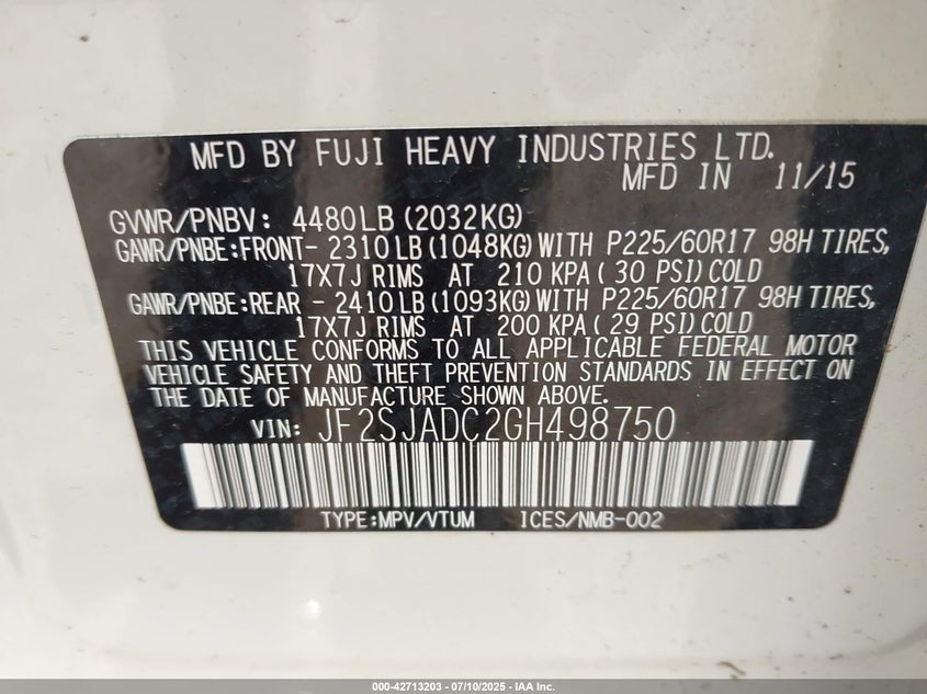 2016 SUBARU FORESTER 2.5I PREMIUM - JF2SJADC2GH498750