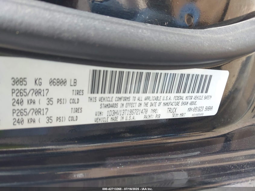 2009 Dodge Ram 1500 Slt/Sport/Trx VIN: 1D3HV13T19S721470 Lot: 42713268