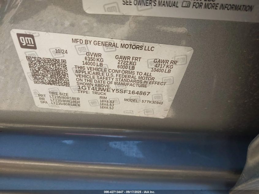 2025 GMC Sierra 3500Hd 4Wd Long Bed Denali VIN: 1GT4UWEY5SF164867 Lot: 42713447