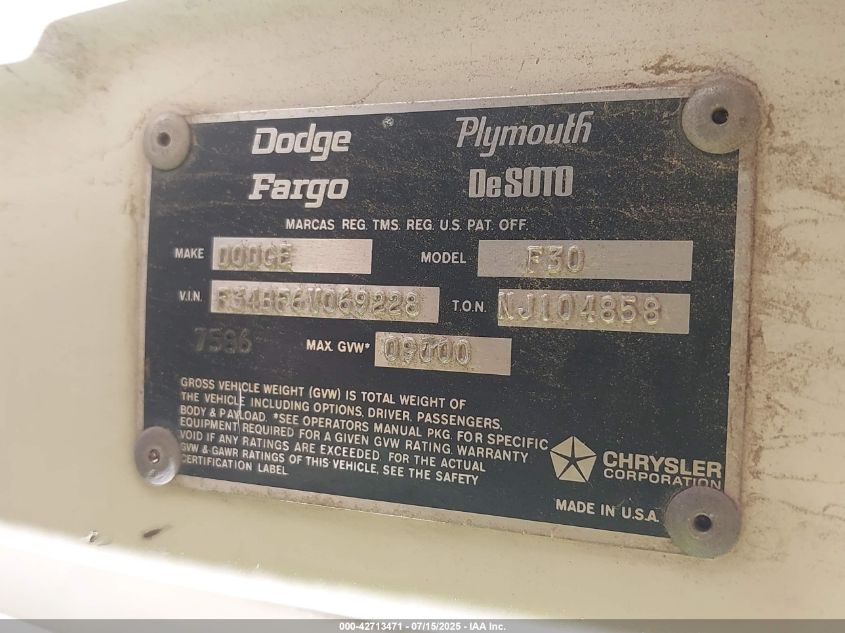 1976 Dodge Truck VIN: F34BF6V069228 Lot: 42713471