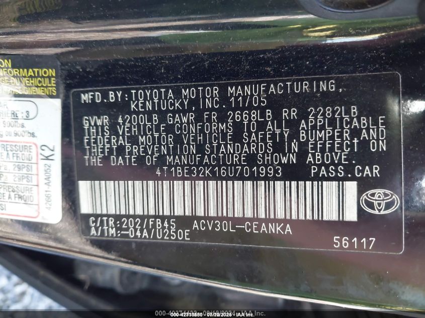 2006 Toyota Camry Le VIN: 4T1BE32K16U701993 Lot: 42713550