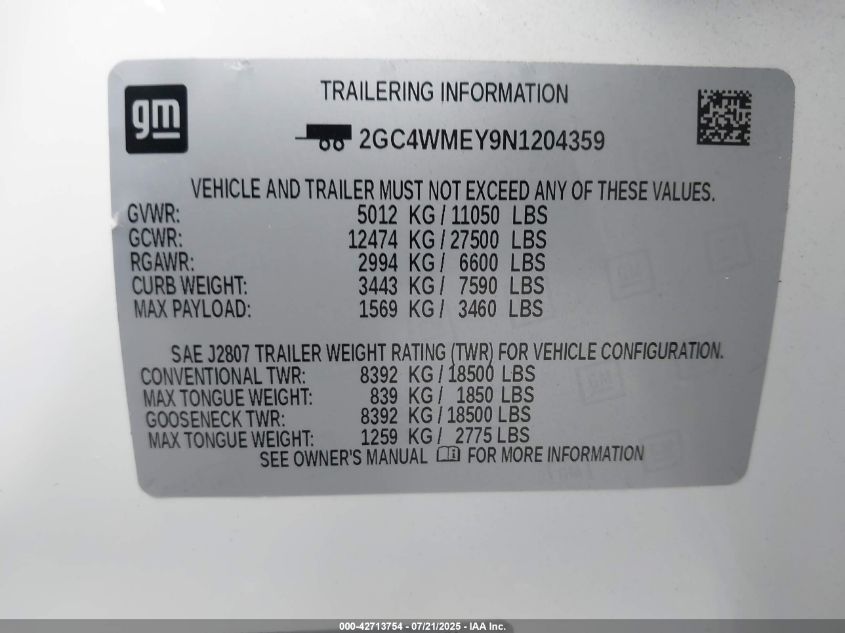 2022 Chevrolet Silverado 2500Hd 2Wd Standard Bed Custom VIN: 2GC4WMEY9N1204359 Lot: 42713754