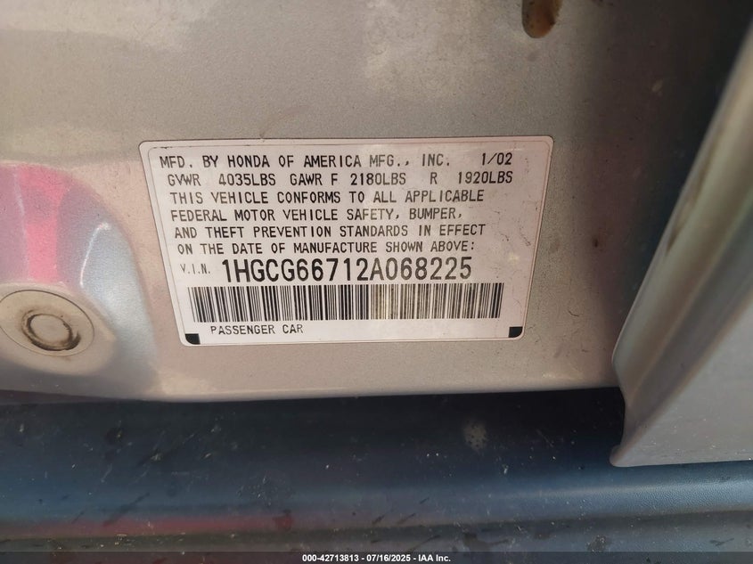 2002 Honda Accord 2.3 Lx VIN: 1HGCG66712A068225 Lot: 42713813