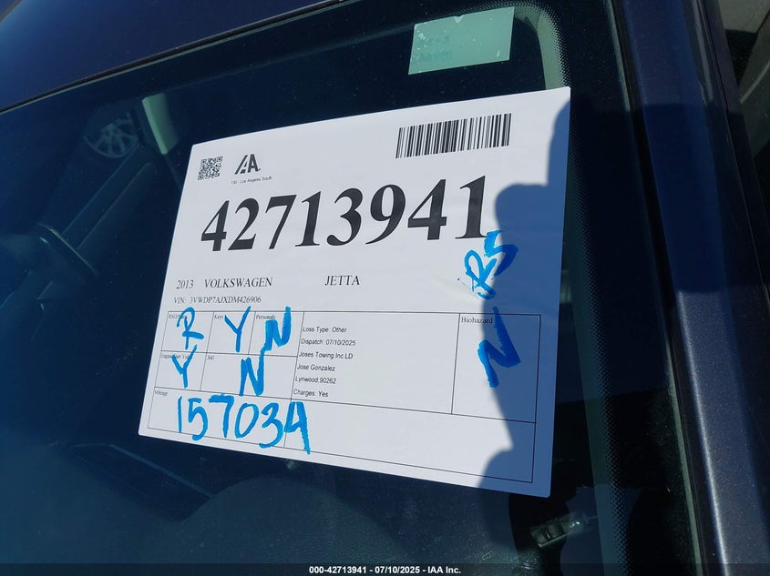 2013 VOLKSWAGEN JETTA VIN: 3VWDP7AJXDM426906