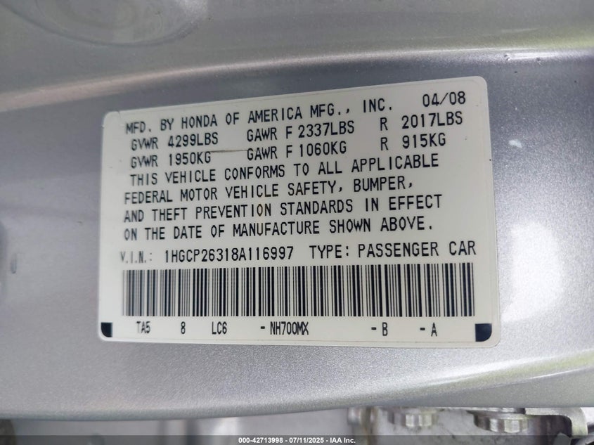 2008 Honda Accord 2.4 Lx VIN: 1HGCP26318A116997 Lot: 42713998