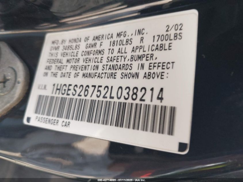 2002 Honda Civic Ex VIN: 1HGES26752L038214 Lot: 42714089