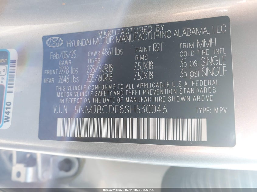 2025 HYUNDAI TUCSON VIN: 5NMJBCDE8SH530046