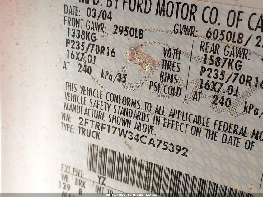 2004 Ford F-150 Heritage Xl/Xlt VIN: 2FTRF17W34CA75392 Lot: 42714279