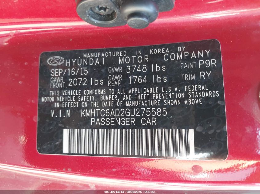2016 Hyundai Veloster VIN: KMHTC6AD2GU275585 Lot: 42714314