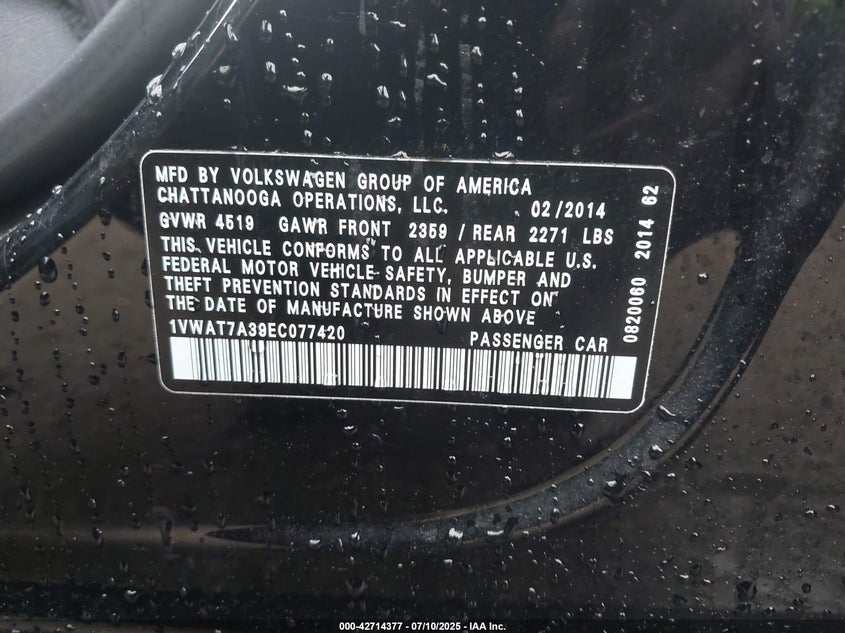2014 VOLKSWAGEN PASSAT 1.8T WOLFSBURG EDITION 1VWAT7A39EC077420