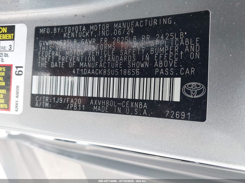 VIN 4T1DAACK8SU518656 2025 TOYOTA CAMRY LE