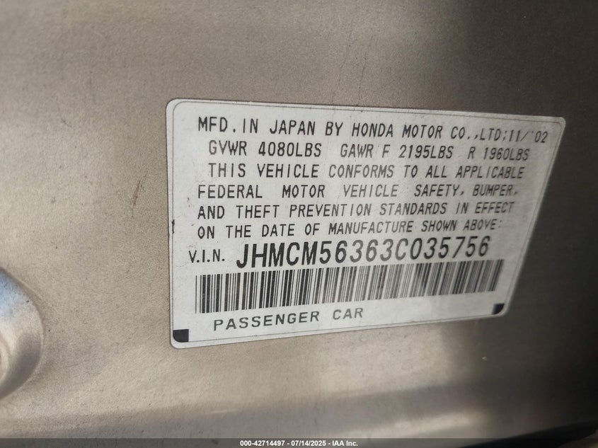 2003 Honda Accord 2.4 Lx VIN: JHMCM56363C035756 Lot: 42714497