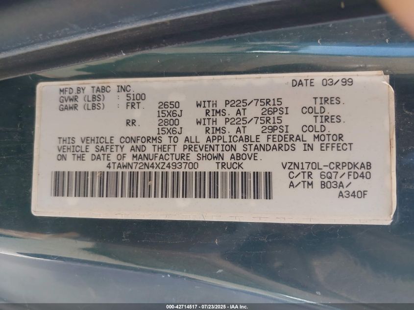 1999 Toyota Tacoma Base V6 (A4) VIN: 4TAWN72N4XZ493700 Lot: 42714517