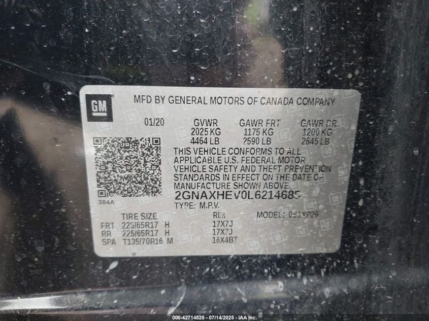 2020 Chevrolet Equinox Fwd Ls VIN: 2GNAXHEV0L6214685 Lot: 42714525