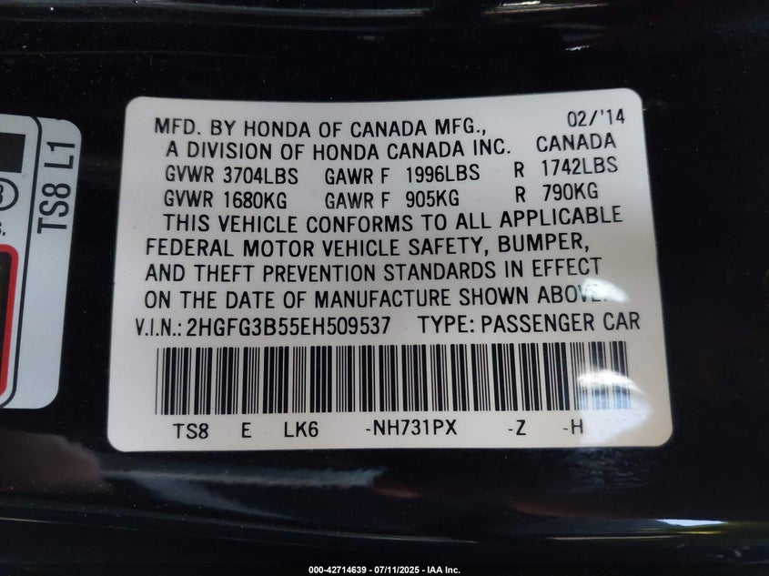 2014 HONDA CIVIC LX - 2HGFG3B55EH509537