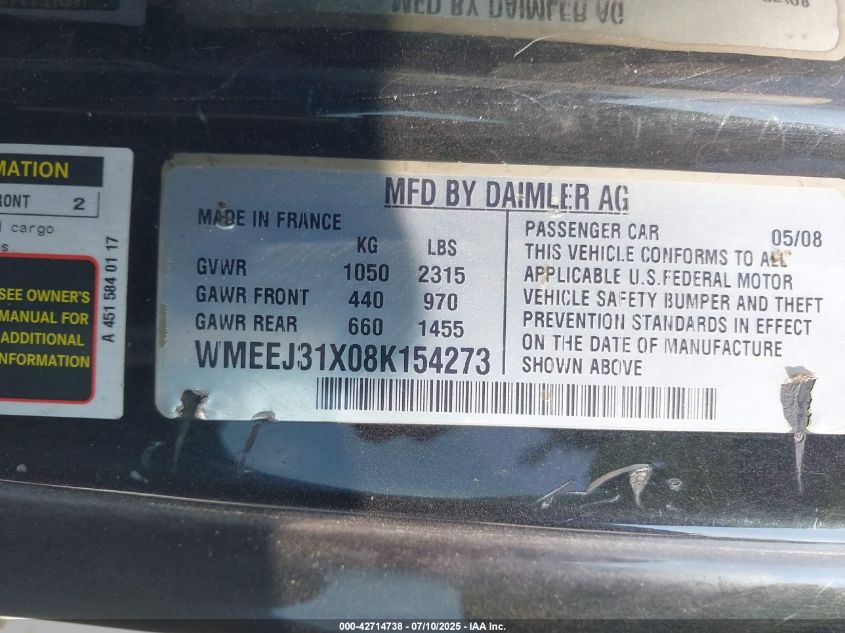 2008 Smart Fortwo Passion/Pure VIN: WMEEJ31X08K154273 Lot: 42714738