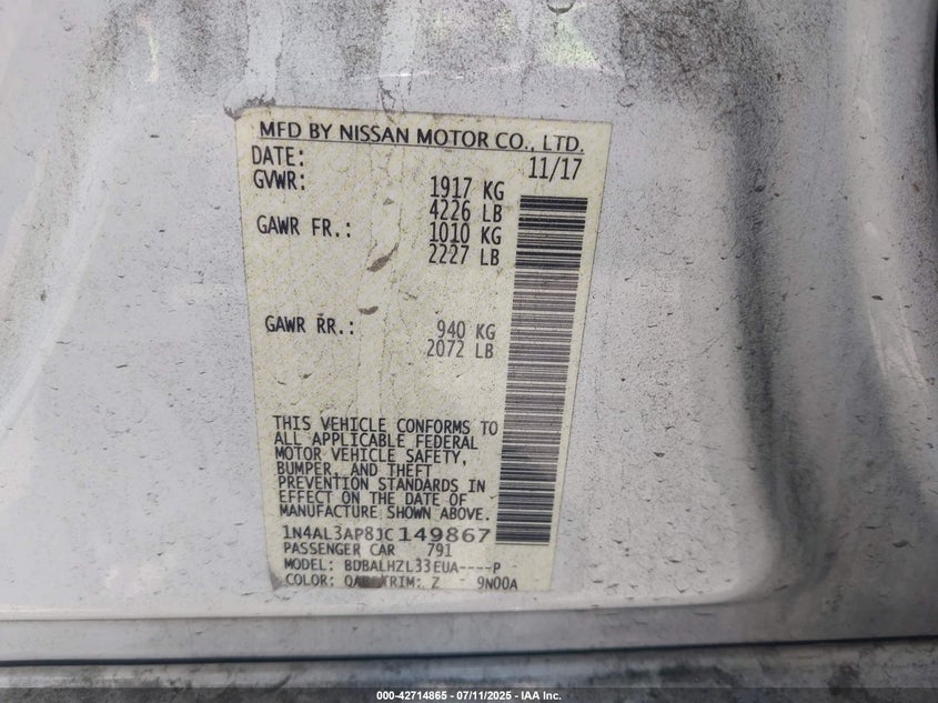 2018 NISSAN ALTIMA VIN: 1N4AL3AP8JC149867