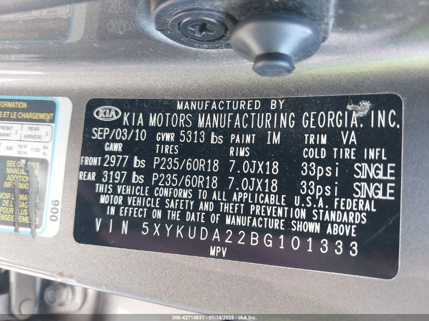 2011 Kia Sorento Ex V6 VIN: 5XYKUDA22BG101333 Lot: 42714931