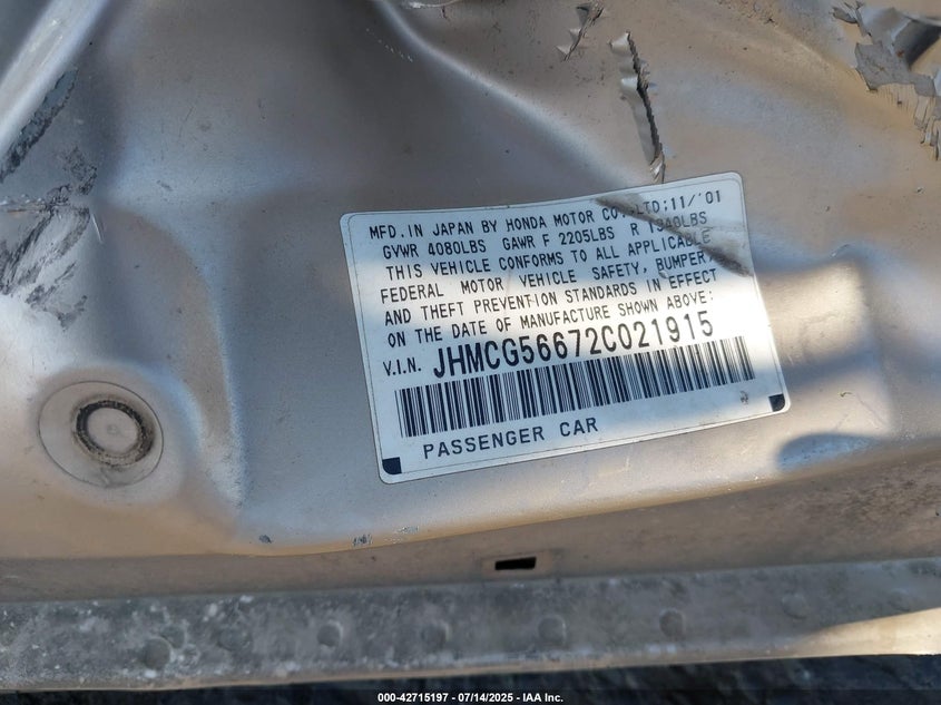 2002 Honda Accord 2.3 Ex VIN: JHMCG56672C021915 Lot: 42715197