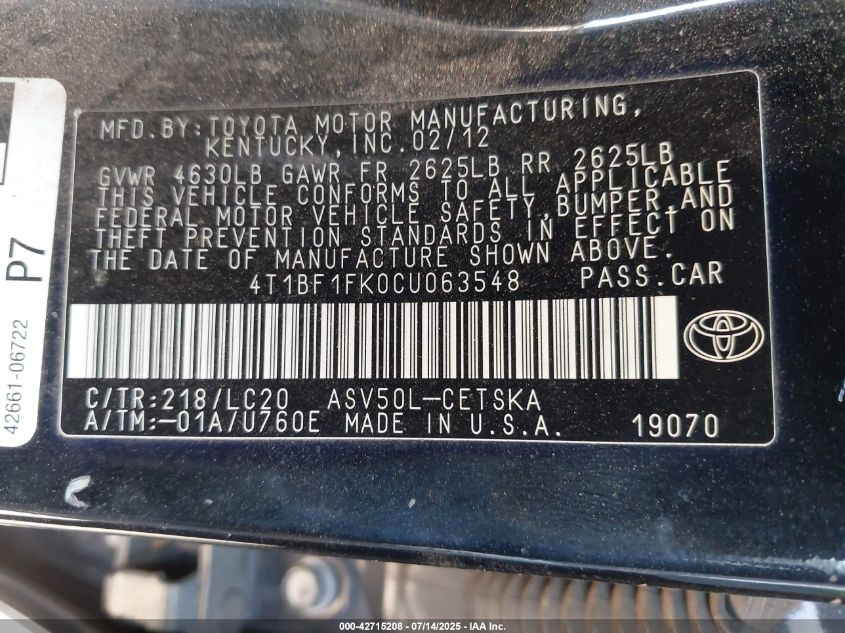 2012 Toyota Camry Se VIN: 4T1BF1FK0CU06354 Lot: 42715208