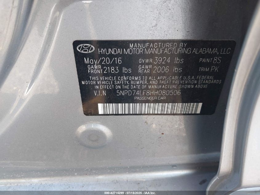 2017 Hyundai Elantra Se VIN: 5NPD74LF8HH080506 Lot: 42715299