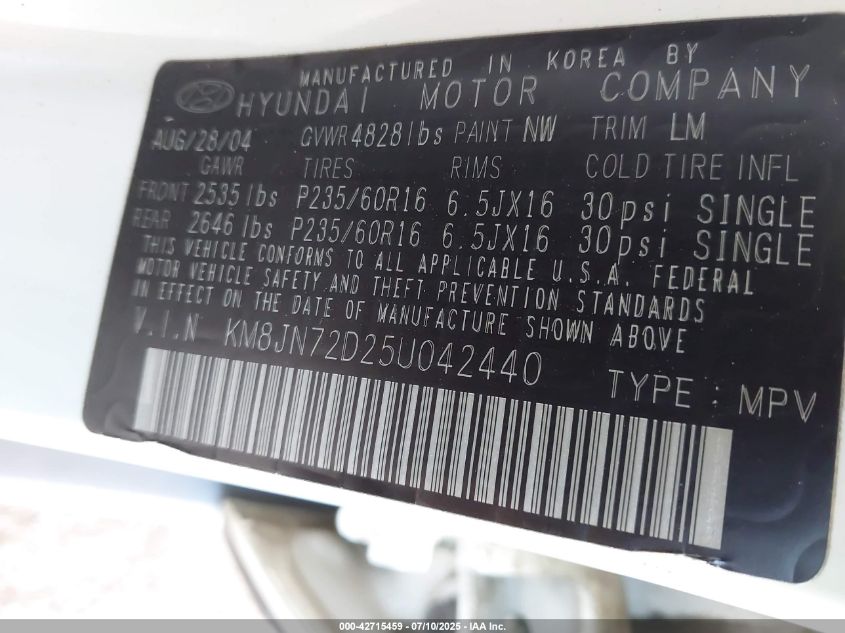2005 Hyundai Tucson Gls/Lx VIN: KM8JN72D25U042440 Lot: 42715459