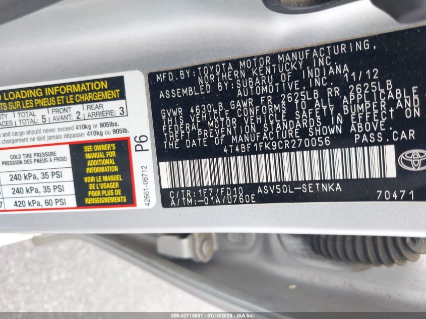 2012 Toyota Camry Le VIN: 4T4BF1FK9CR270056 Lot: 42715501