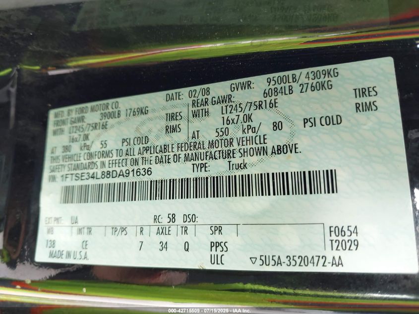 2008 Ford E-350 Super Duty Commercial/Recreational VIN: 1FTSE34L88DA91636 Lot: 42715509