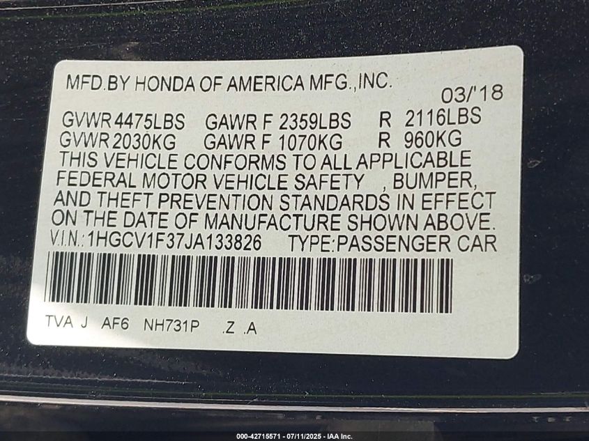 2018 Honda Accord Sport VIN: 1HGCV1F37JA133826 Lot: 42715571
