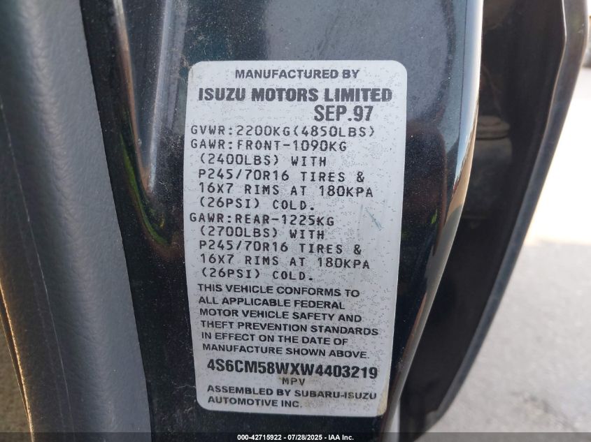 1998 Honda Passport Ex/Lx VIN: 4S6CM58WXW4403219 Lot: 42715922