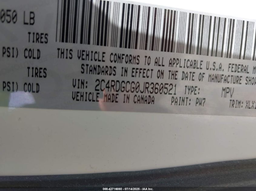 2018 Dodge Grand Caravan Sxt VIN: 2C4RDGCG0JR36521 Lot: 42716080