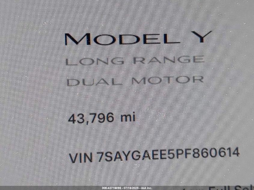 2023 Tesla Model Y Awd/Long Range Dual Motor All-Wheel Drive VIN: 7SAYGAEE5PF860614 Lot: 42716096