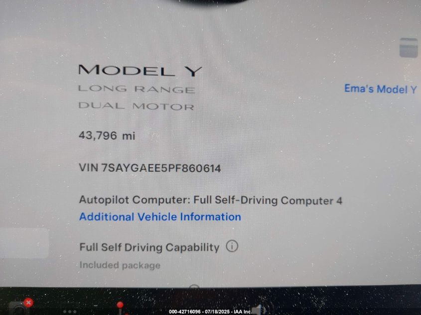 2023 Tesla Model Y Awd/Long Range Dual Motor All-Wheel Drive VIN: 7SAYGAEE5PF860614 Lot: 42716096