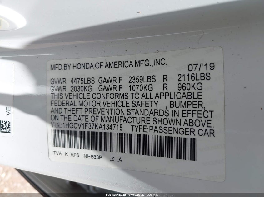 2019 HONDA ACCORD SPORT - 1HGCV1F37KA134718