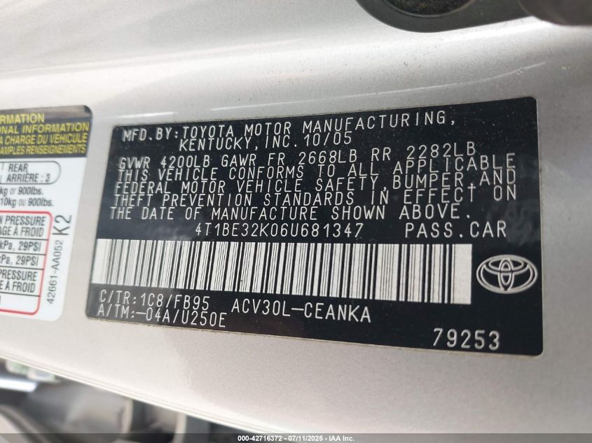 2006 Toyota Camry Le VIN: 4T1BE32K06U681347 Lot: 42716372