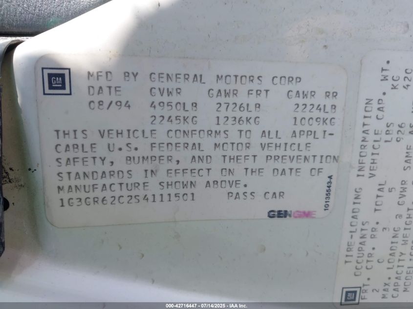 1995 Oldsmobile Aurora VIN: 1G3GR62C2S4111501 Lot: 42716447