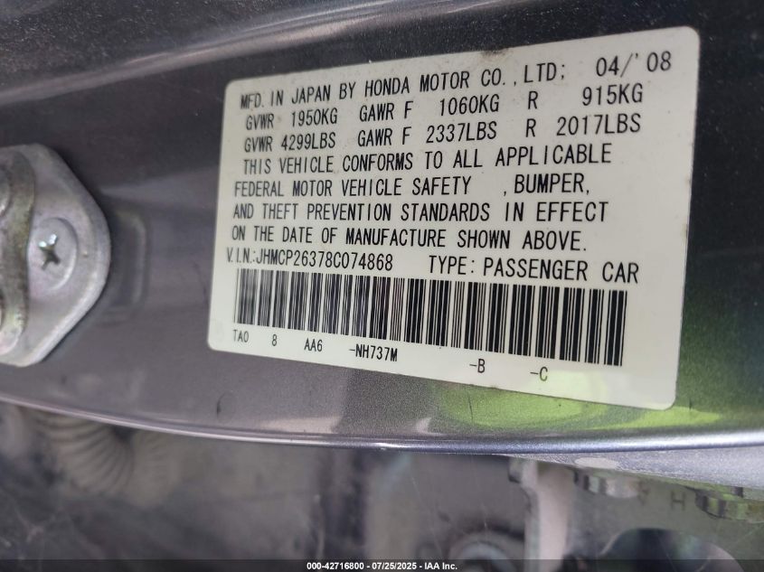 2008 Honda Accord 2.4 Lx VIN: JHMCP26378C074868 Lot: 42716800