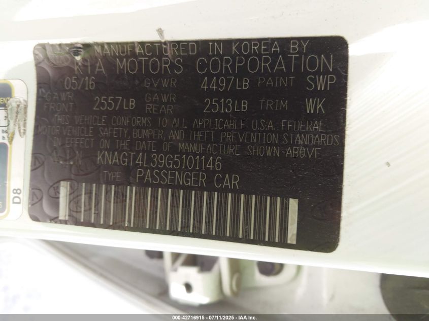 2016 Kia Optima Lx VIN: KNAGT4L39G5101146 Lot: 42716915
