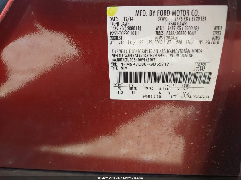 2015 Ford Explorer Xlt VIN: 1FM5K7D80FGB55717 Lot: 42717133