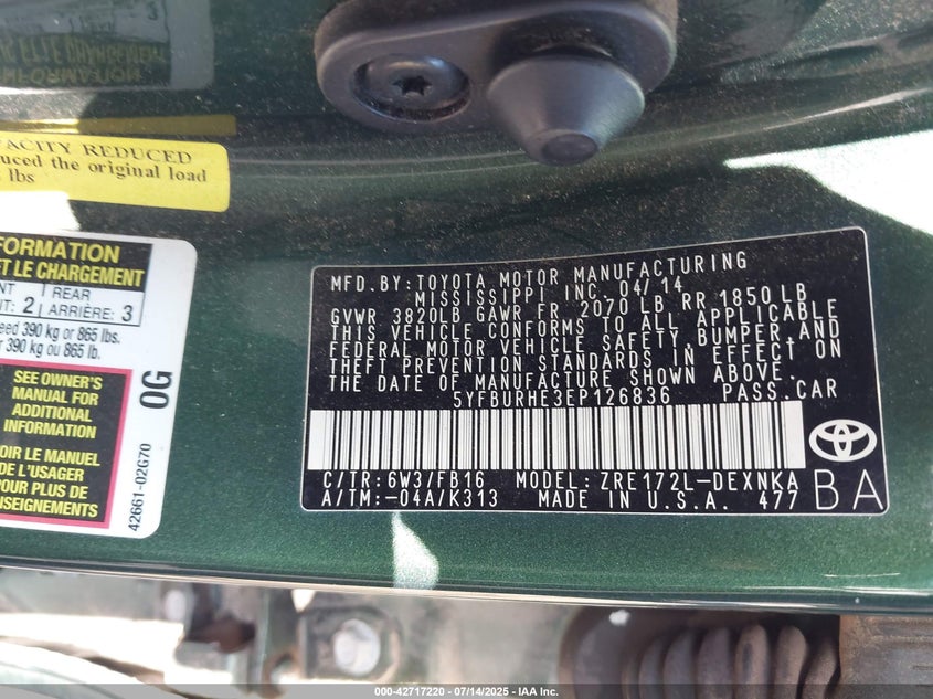 2014 TOYOTA COROLLA LE - 5YFBURHE3EP126836