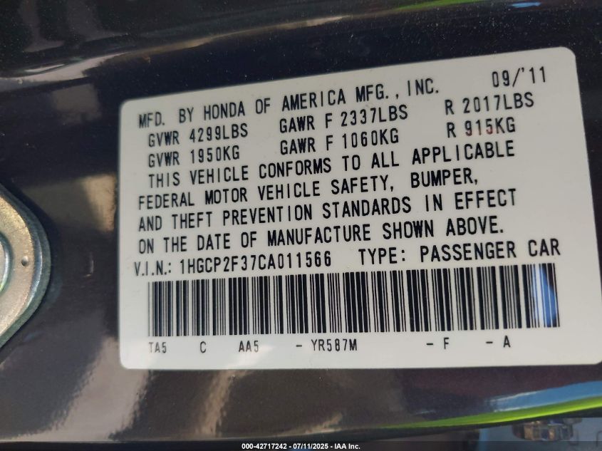 2012 Honda Accord 2.4 Lx VIN: 1HGCP2F37CA011566 Lot: 42717242