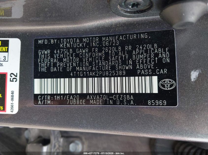 2023 Toyota Camry Se VIN: 4T1G11AK2PU825389 Lot: 42717279