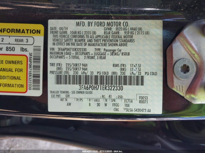 2014 Ford Fusion Se VIN: 3FA6P0H71ER322330 Lot: 42717535