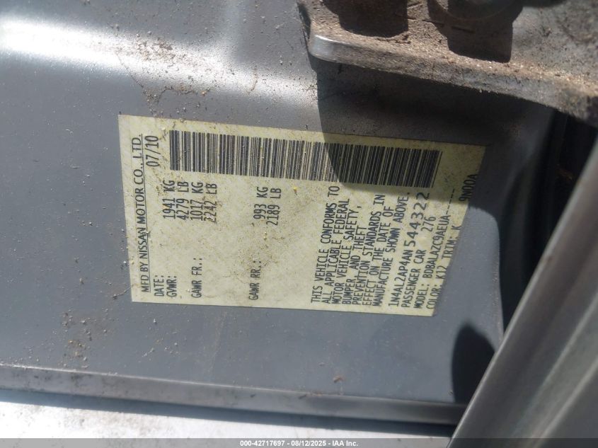 2010 Nissan Altima 2.5 VIN: 1N4AL2AP4AN544322 Lot: 42717697