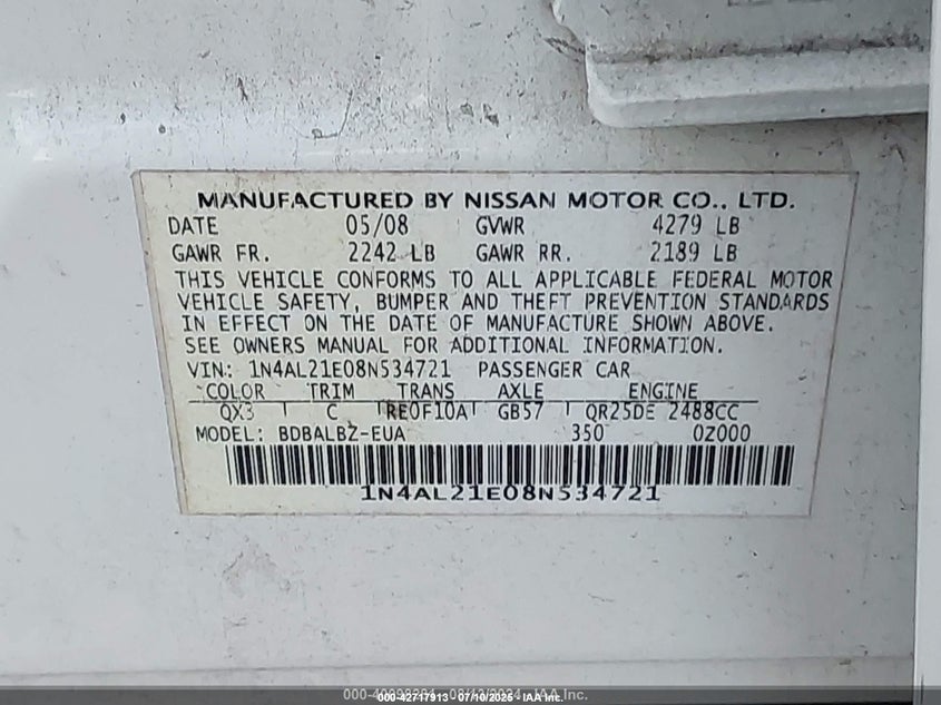 2008 Nissan Altima 2.5 S VIN: 1N4AL21E08N534721 Lot: 42717913